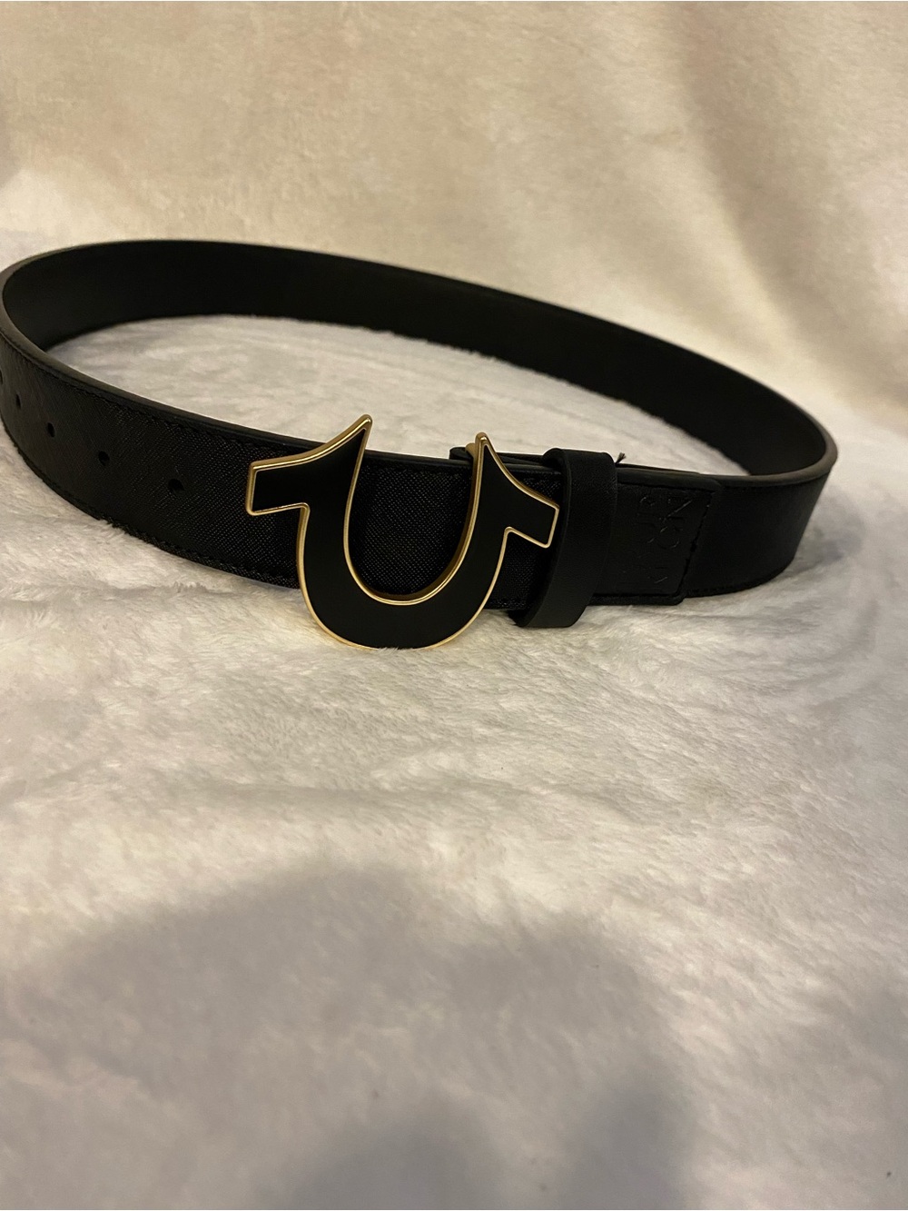 True Religion Black Leather Belt with Gold Buckle Accent